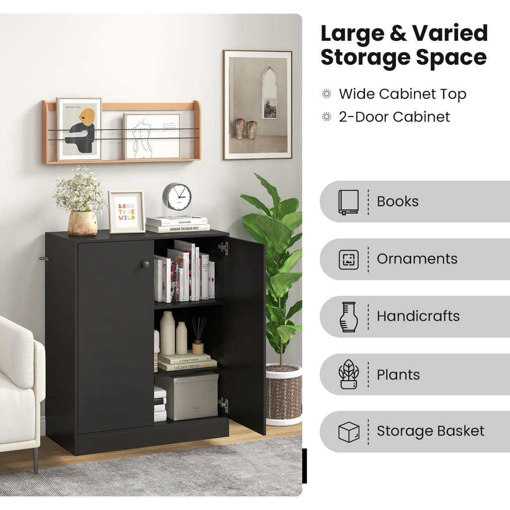 2-Door Modern Floor Storage Cabinet with 3-Tier Shelf - Black
