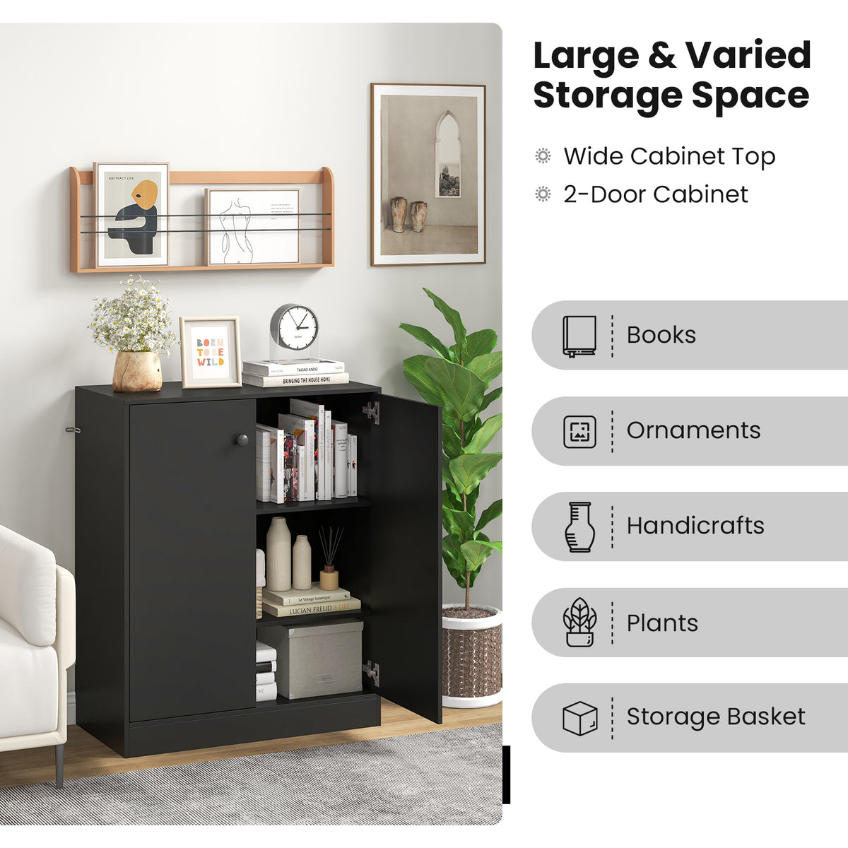 2-Door Modern Floor Storage Cabinet with 3-Tier Shelf - Black