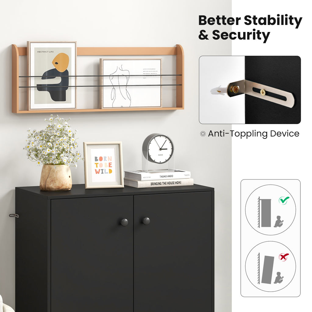 2-Door Modern Floor Storage Cabinet with 3-Tier Shelf - Black
