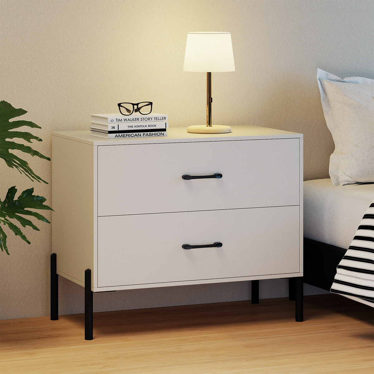Modern Wooden 2-Drawer Nightstand with Metal Legs – White