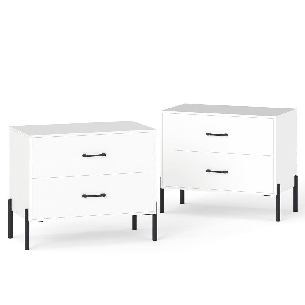 Modern Wooden 2-Drawer Nightstand with Metal Legs – White