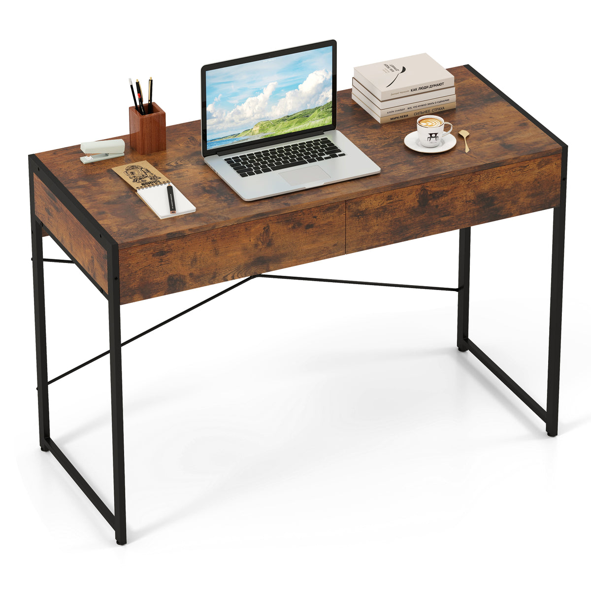 2-Drawer Home Office Desk with Steel Frame, Brown
