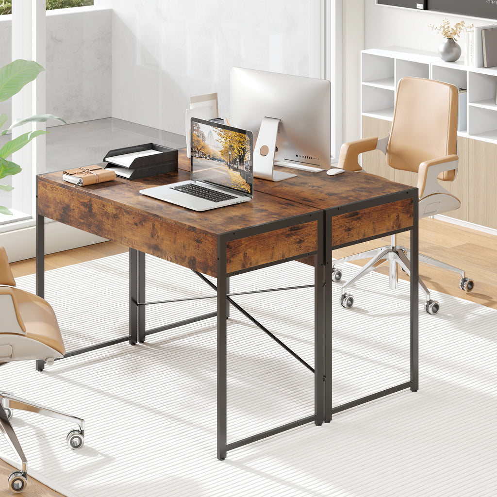 2-Drawer Home Office Desk with Steel Frame, Brown