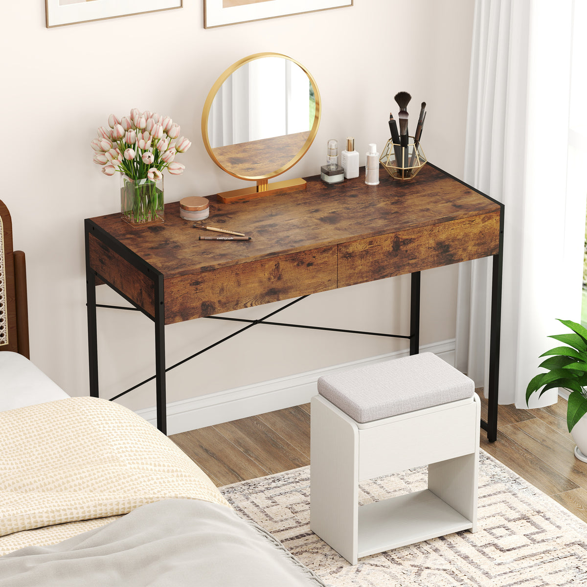 2-Drawer Home Office Desk with Steel Frame, Brown