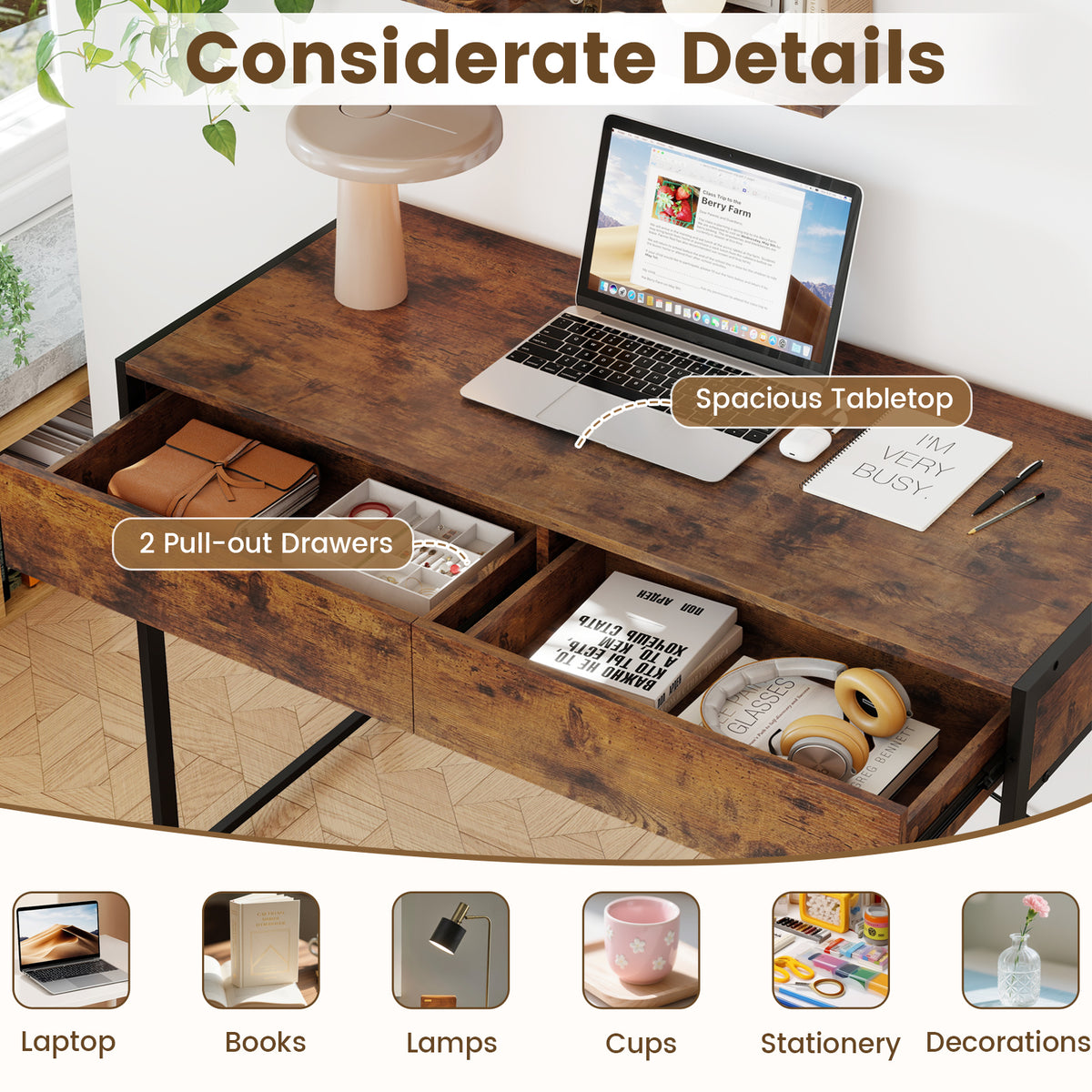 2-Drawer Home Office Desk with Steel Frame, Brown