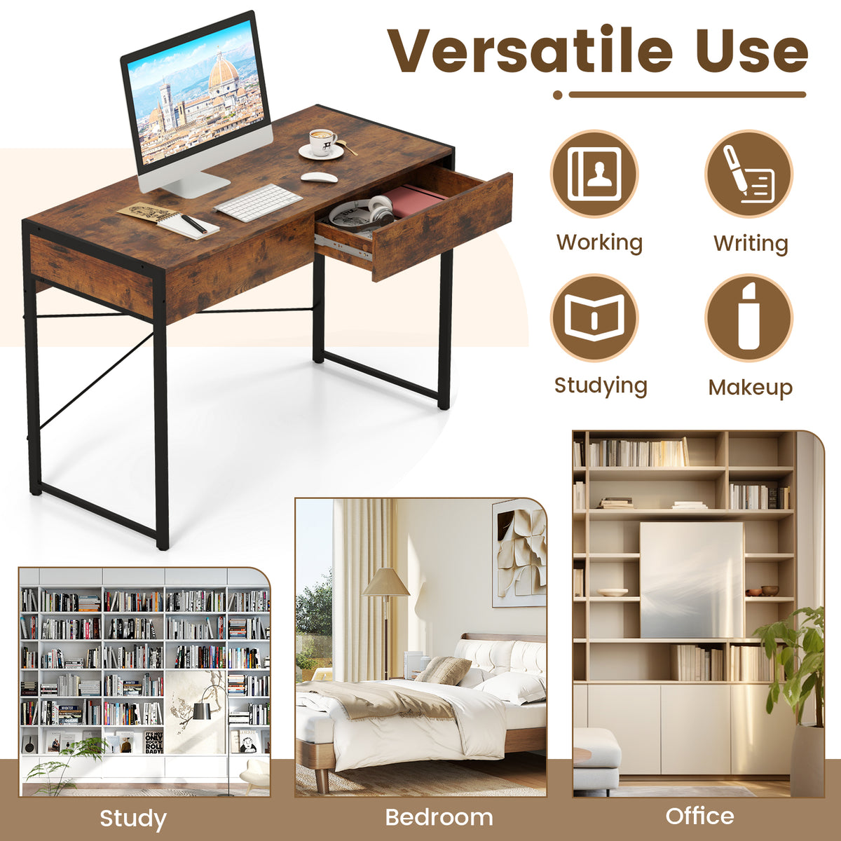 2-Drawer Home Office Desk with Steel Frame, Brown