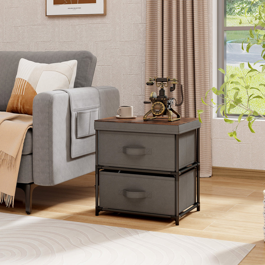 2-Drawer Nightstand with Removable Fabric Bins, Gray