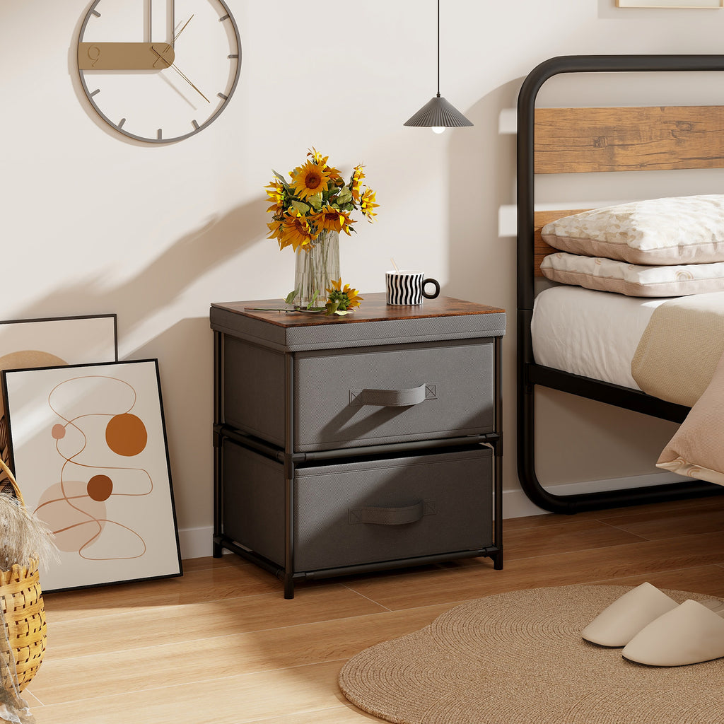 2-Drawer Nightstand with Removable Fabric Bins, Gray