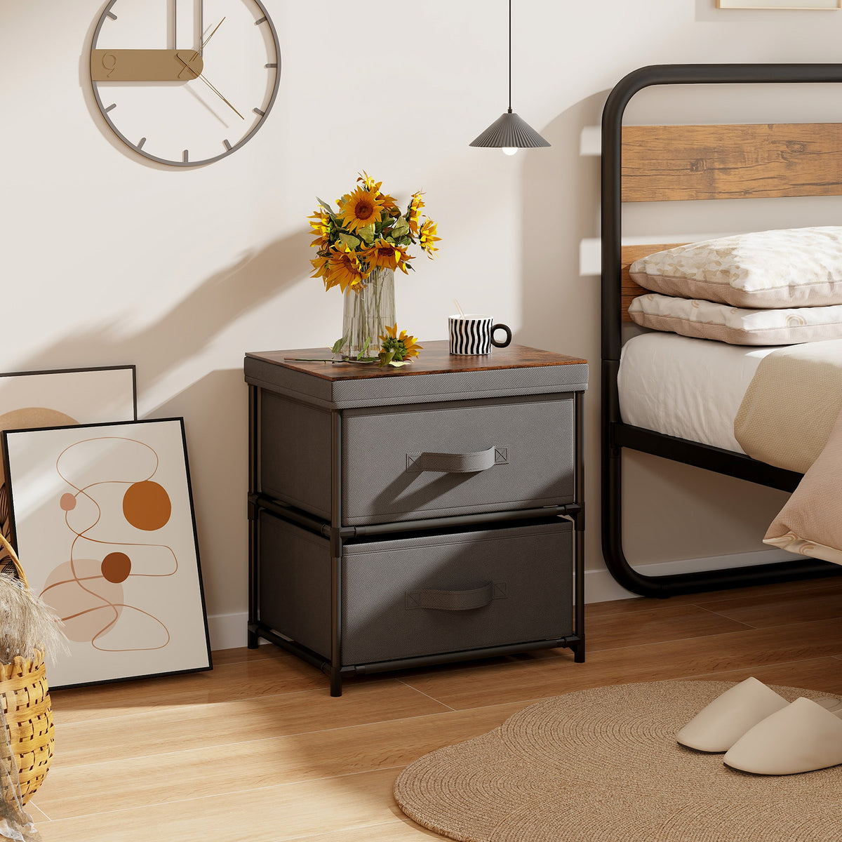 2-Drawer Nightstand with Fabric Bins, Gray