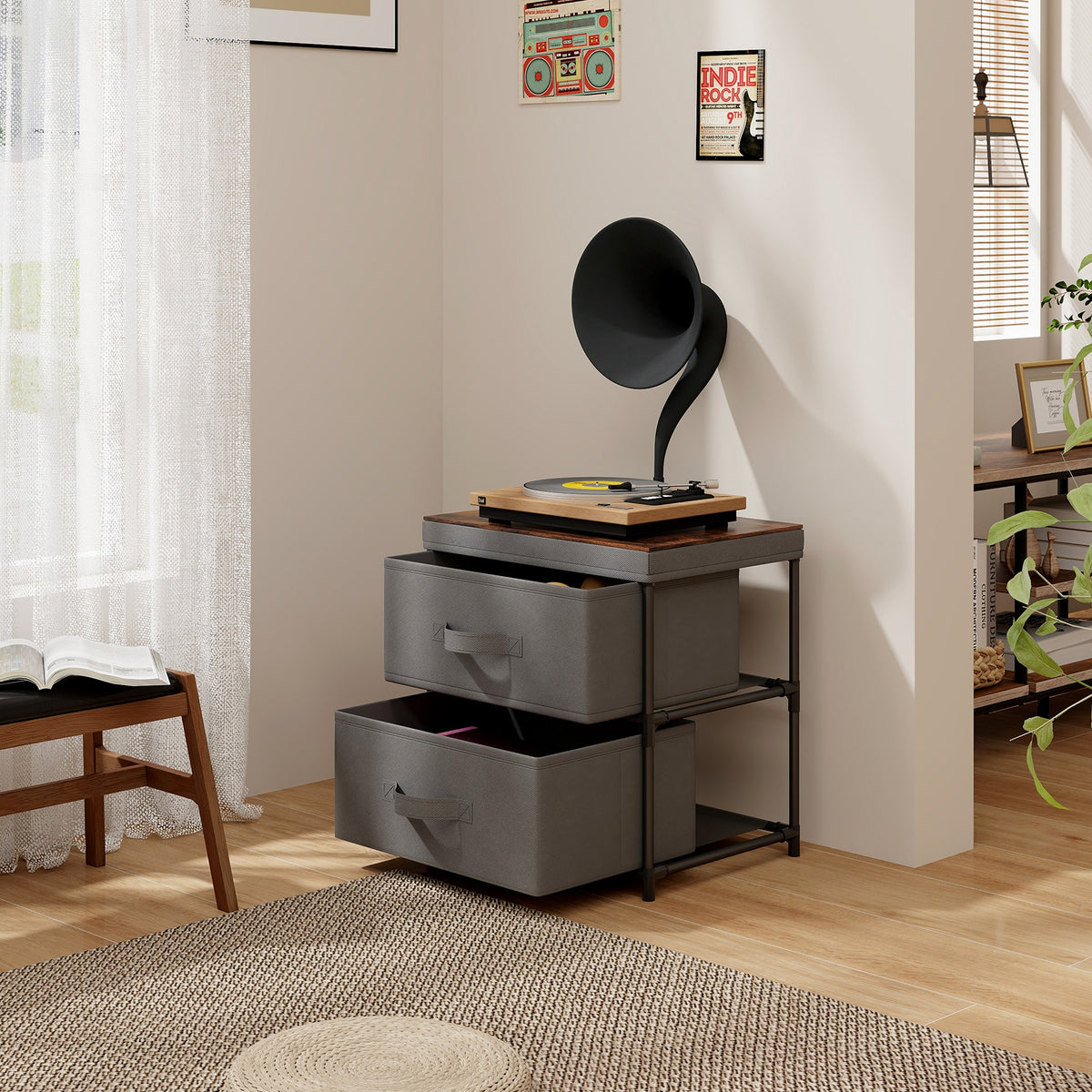 2-Drawer Nightstand with Removable Fabric Bins, Gray