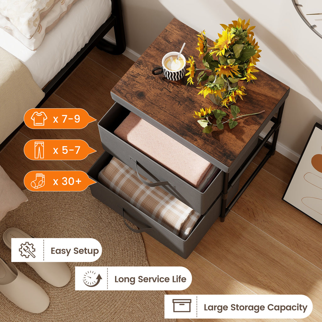 2-Drawer Nightstand with Removable Fabric Bins, Gray