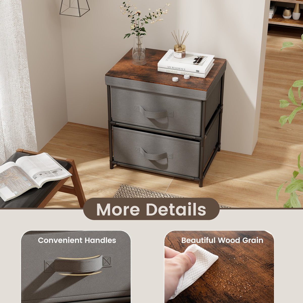2-Drawer Nightstand with Fabric Bins, Gray