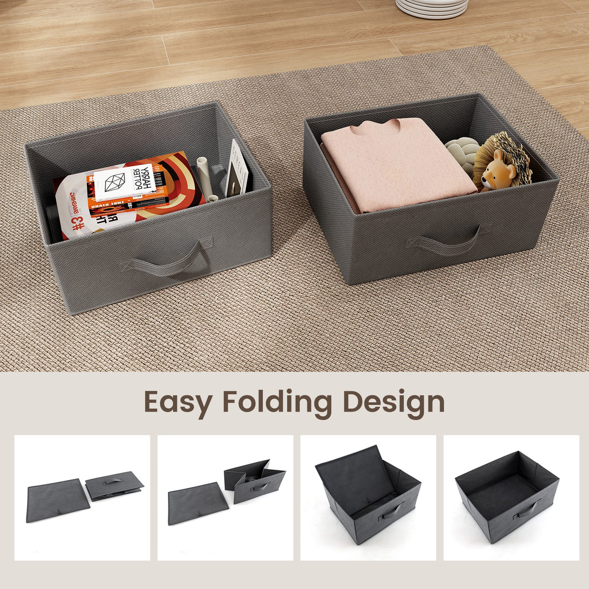 2-Drawer Nightstand with Fabric Bins, Gray