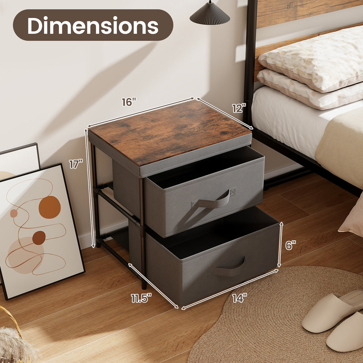 2-Drawer Nightstand with Fabric Bins, Gray