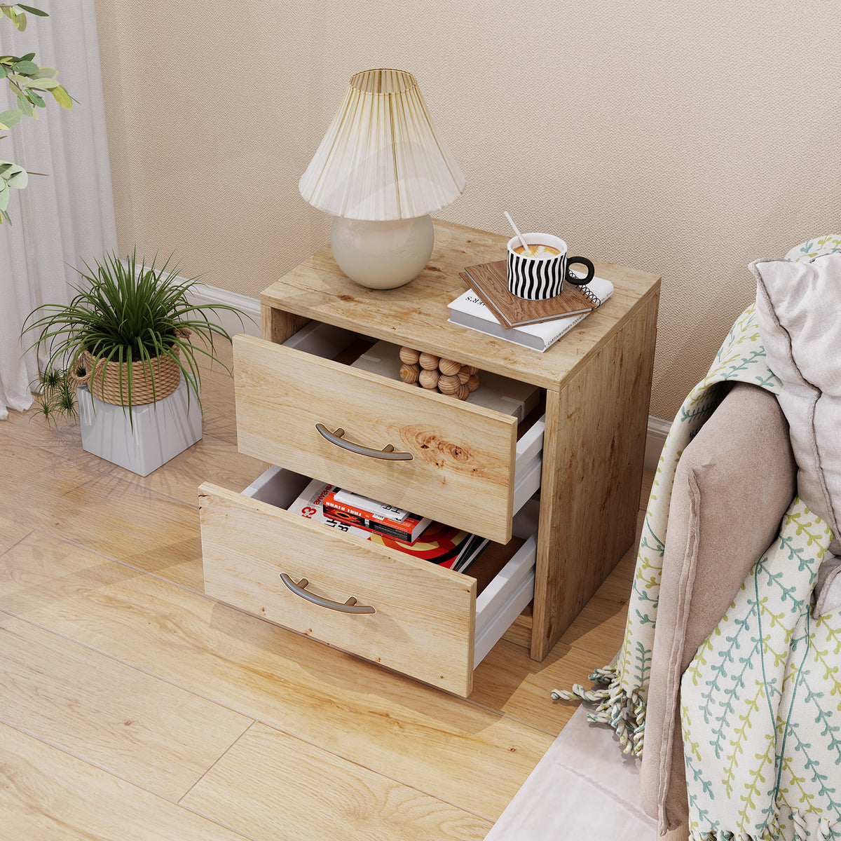 2 Drawer Nightstand with Storage - Oak
