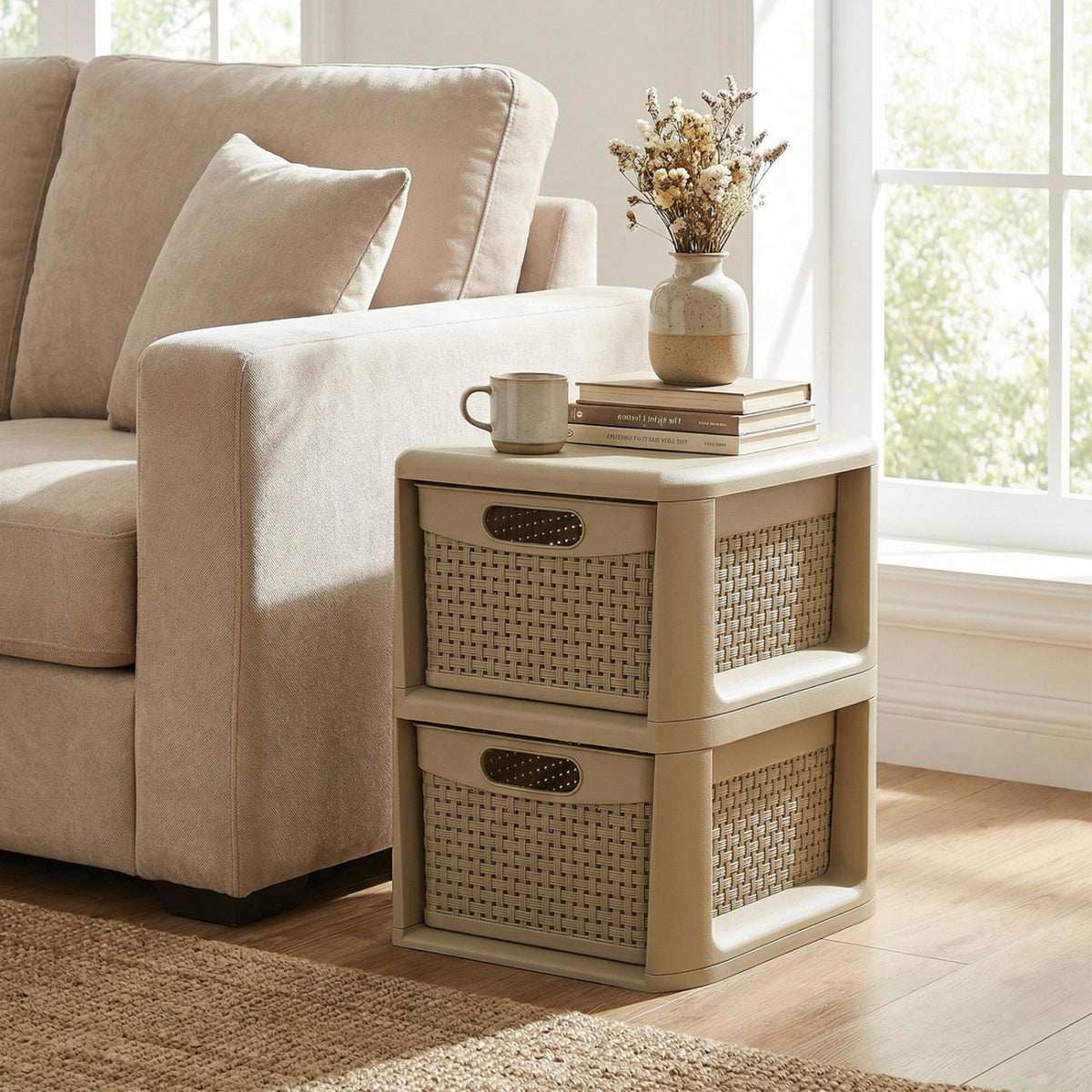 2-Drawer Storage Organizer with Wicker Patterns - Brown