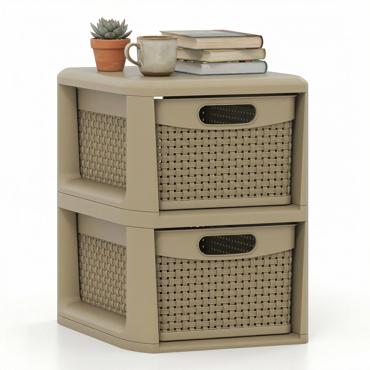 2-Drawer Storage Organizer with Wicker Patterns - Brown