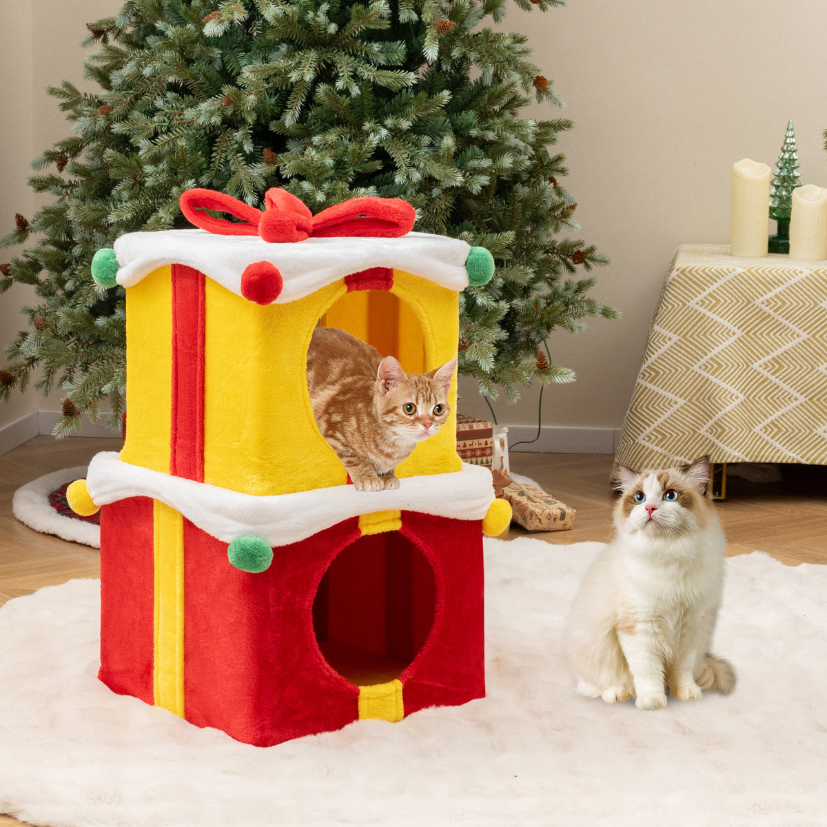 Cute Christmas Cat House Gift Box - Multicolor, 2 Condos with Bow & Plush Decor