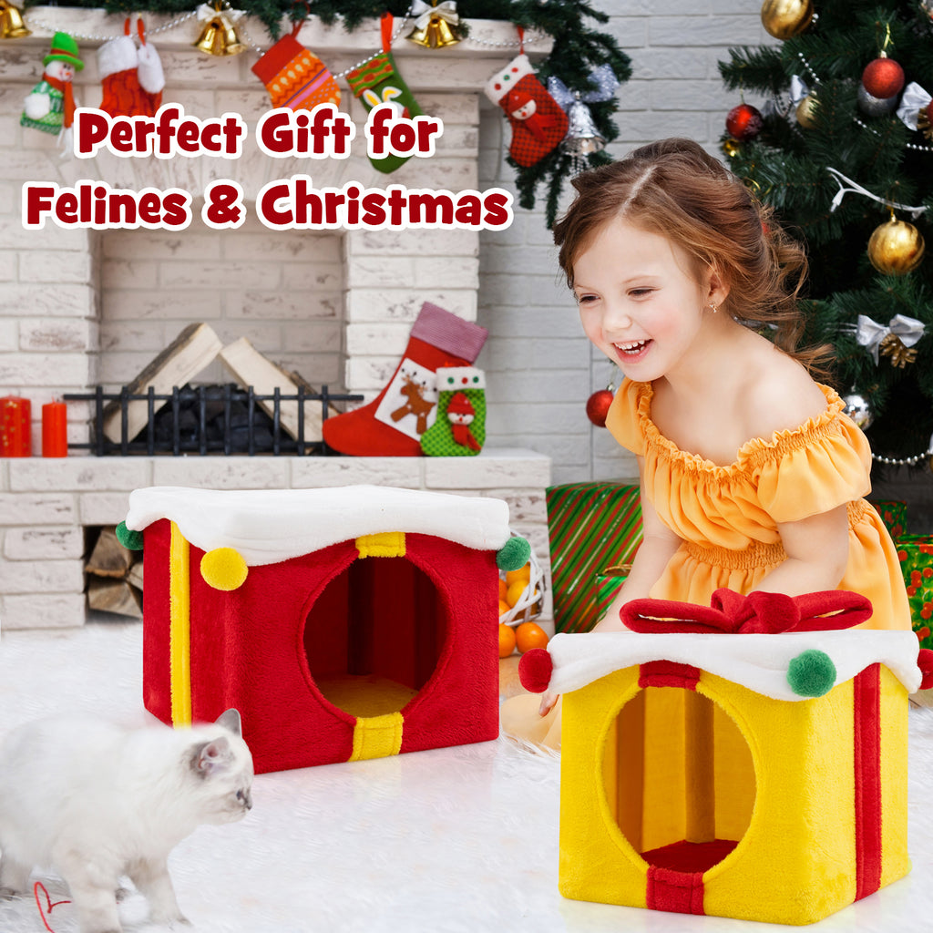 Cute Christmas Cat House Gift Box - Multicolor, 2 Condos with Bow & Plush Decor