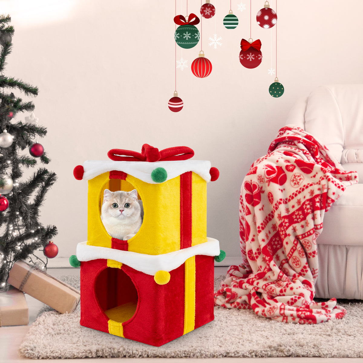 Cute Christmas Cat House Gift Box - Multicolor, 2 Condos with Bow & Plush Decor