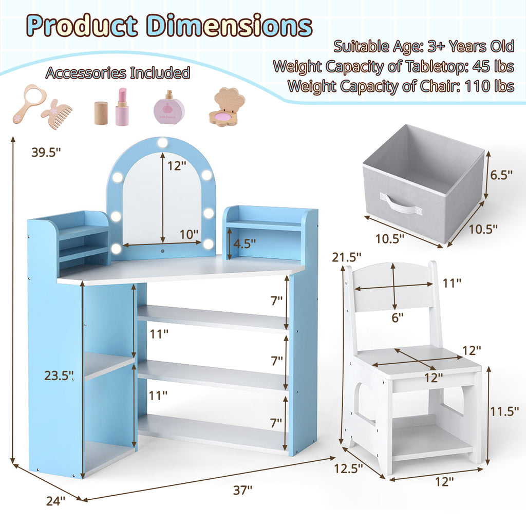 Kids Vanity Set with Lights Corner Blue - Toddler Makeup & Storage Table for 3+