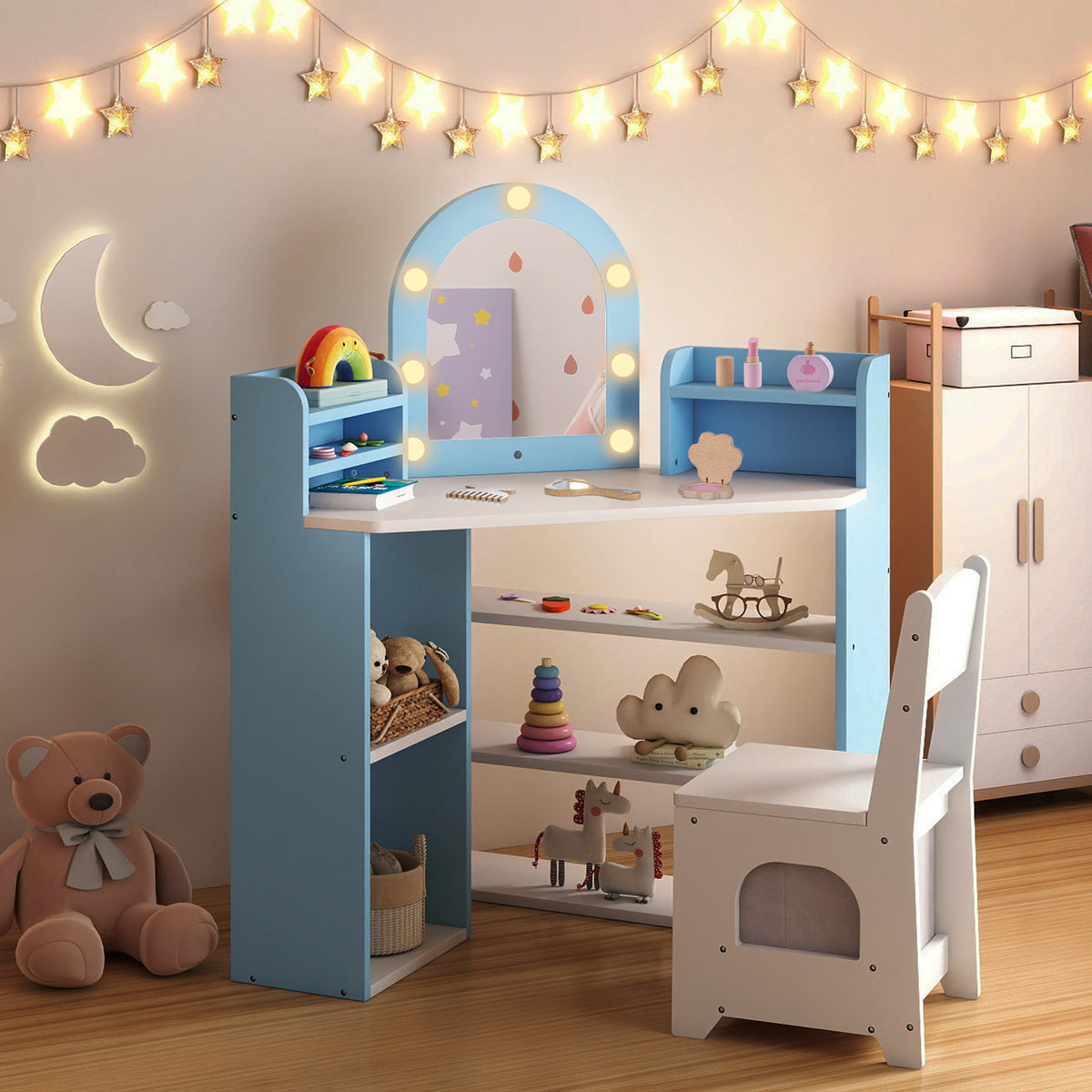 Kids Vanity Set with Lights Corner Blue - Toddler Makeup & Storage Table for 3+