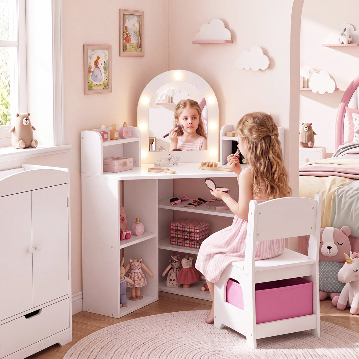 Corner Kids Vanity Set with Lights - White 3+ Years Toddler Bedroom Furniture