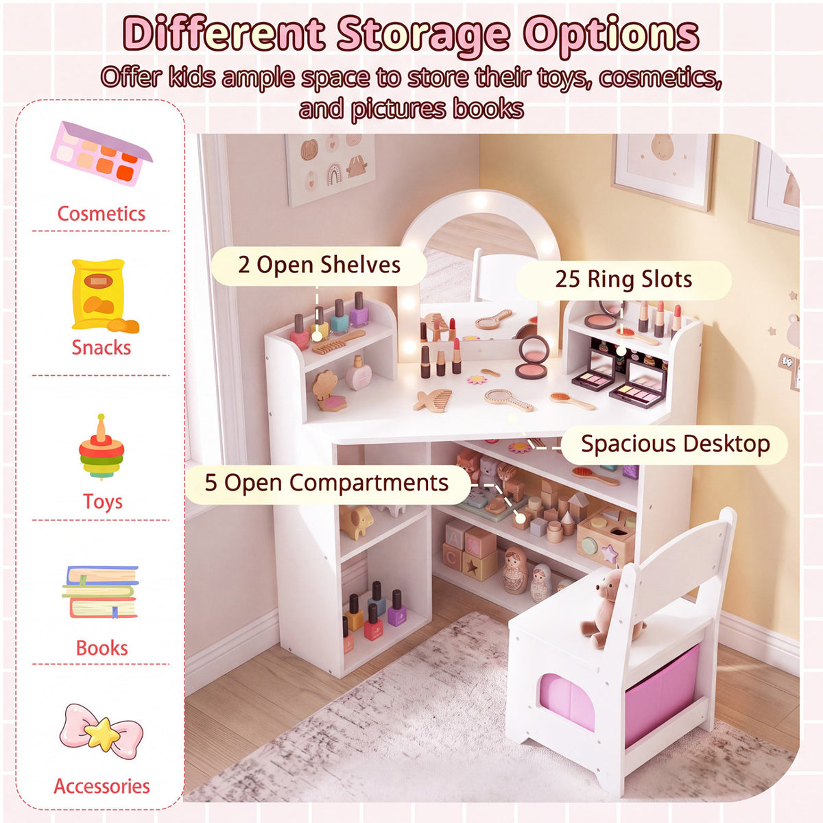 Corner Kids Vanity Set with Lights - White 3+ Years Toddler Bedroom Furniture