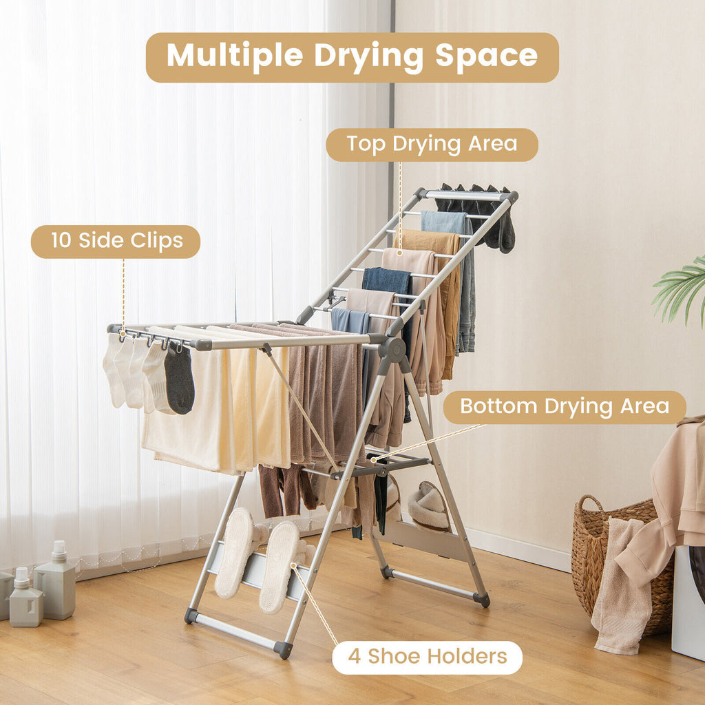 2-Layer Folding Clothes Drying Rack with 10 Side Clips