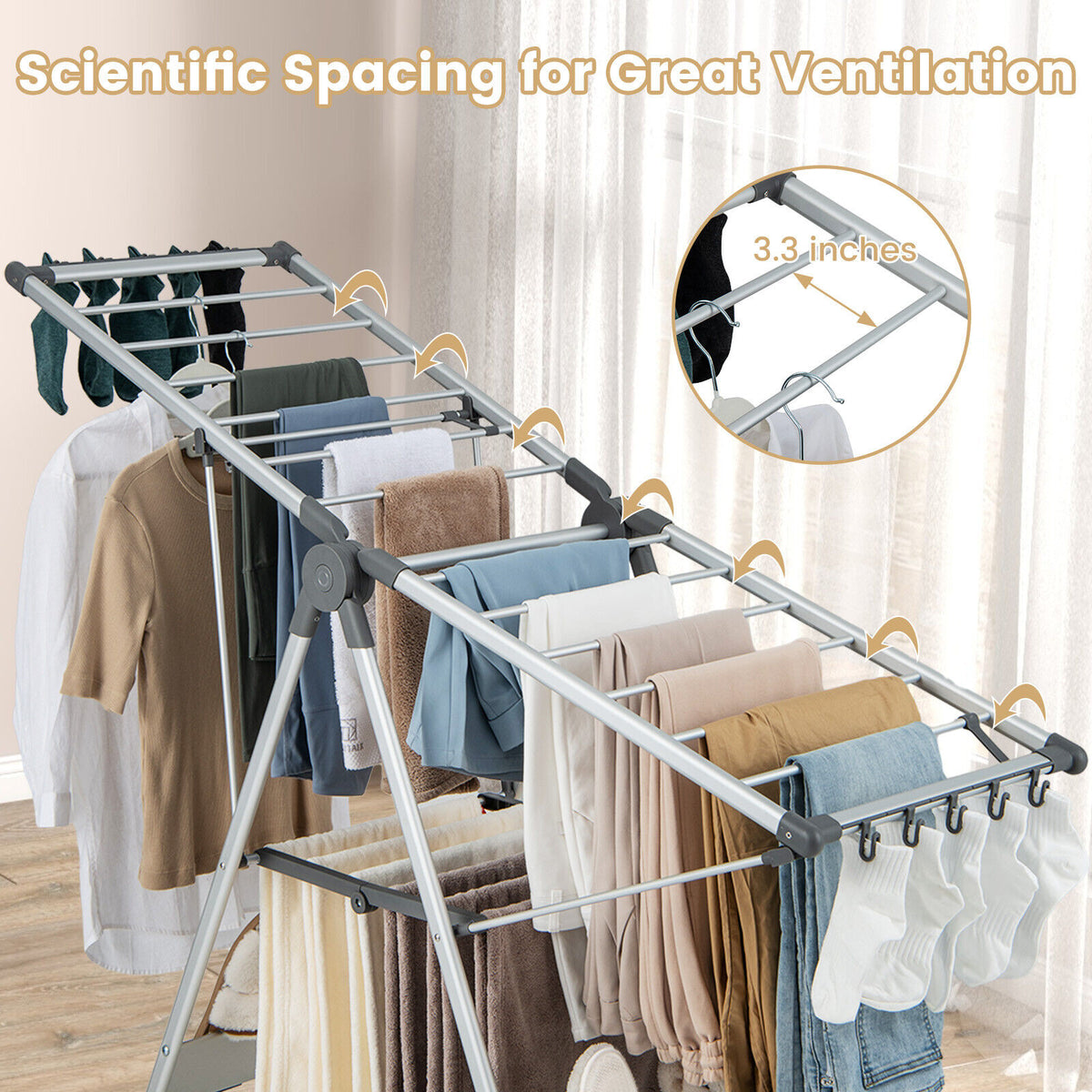 2-Layer Folding Clothes Drying Rack with 10 Side Clips