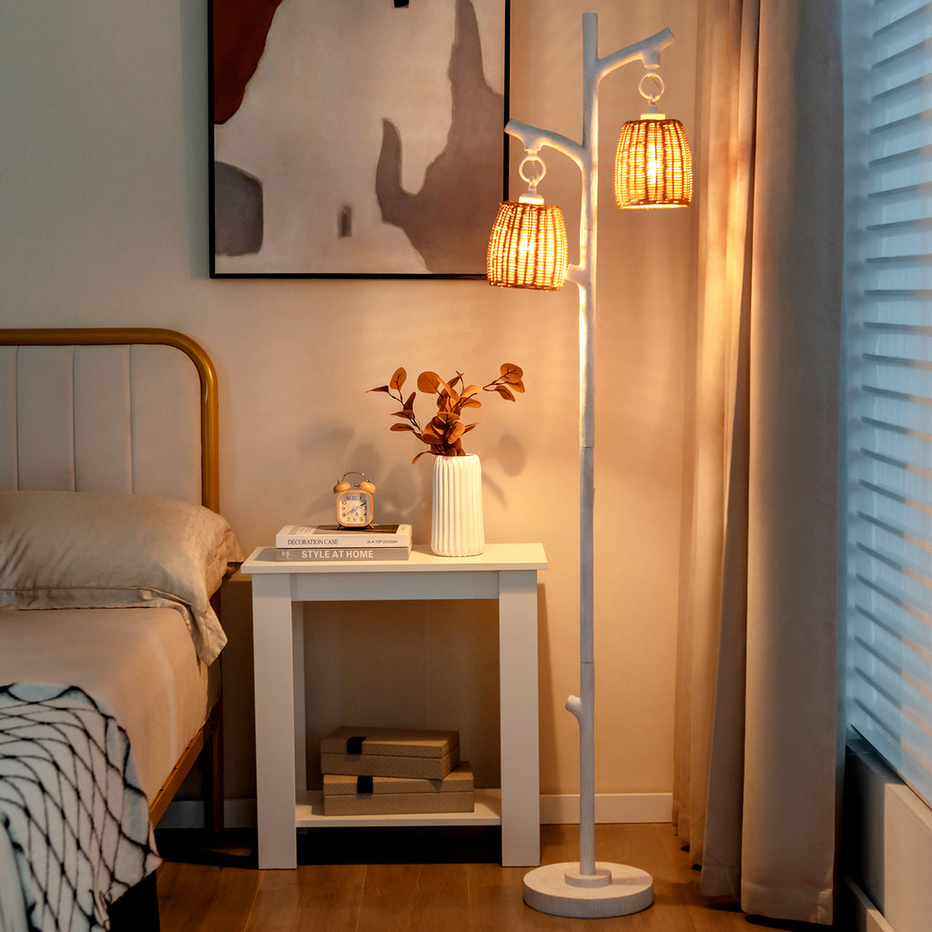 2 Light Tree Trunk Lamps with Wicker Shade - White Variation