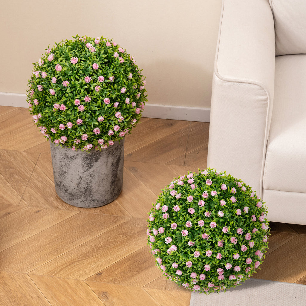 Artificial Topiary Balls with Pink Flowers - 17.5 Inch Faux Decorative Spheres, Pack of 2