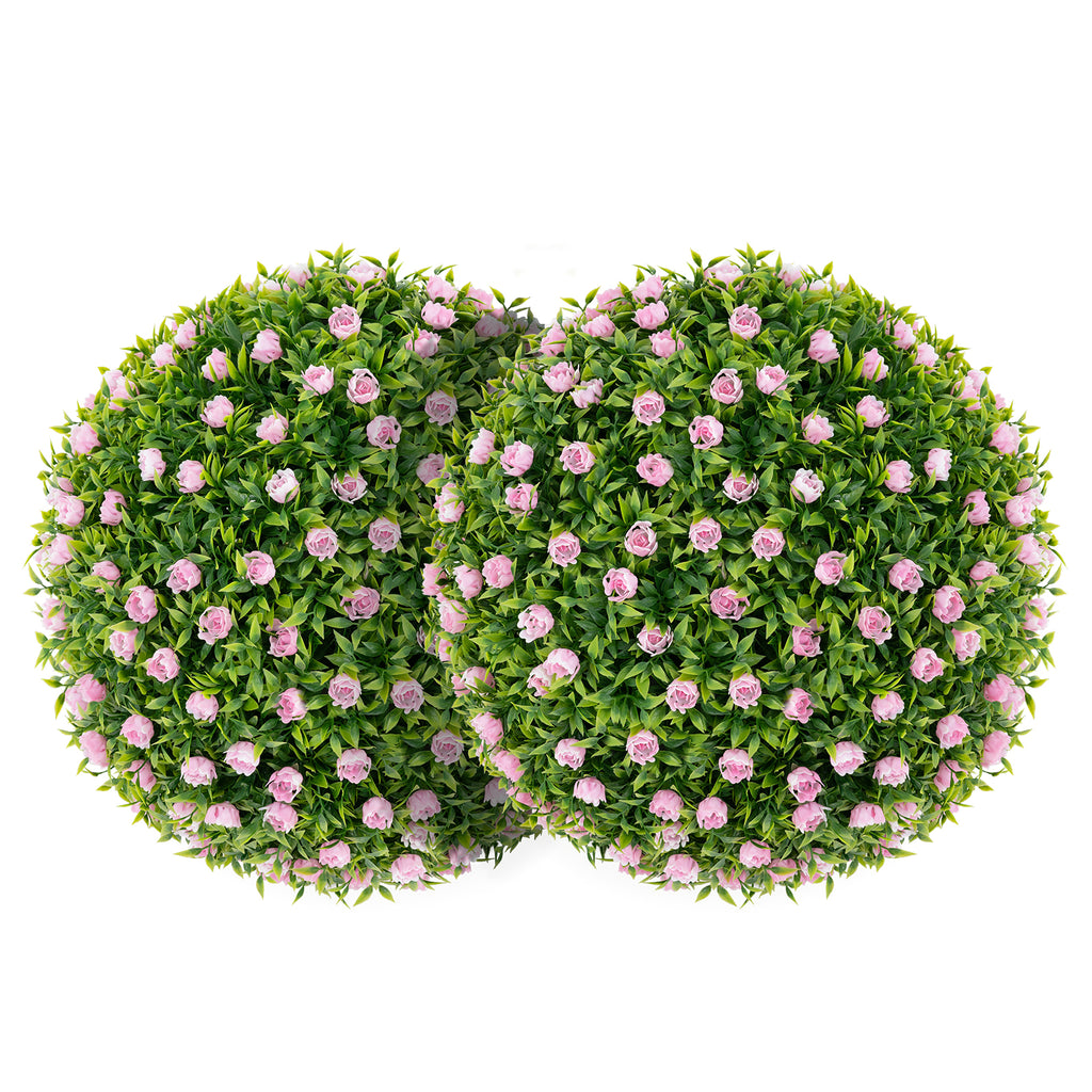 Artificial Topiary Balls with Pink Flowers - 17.5 Inch Faux Decorative Spheres, Pack of 2