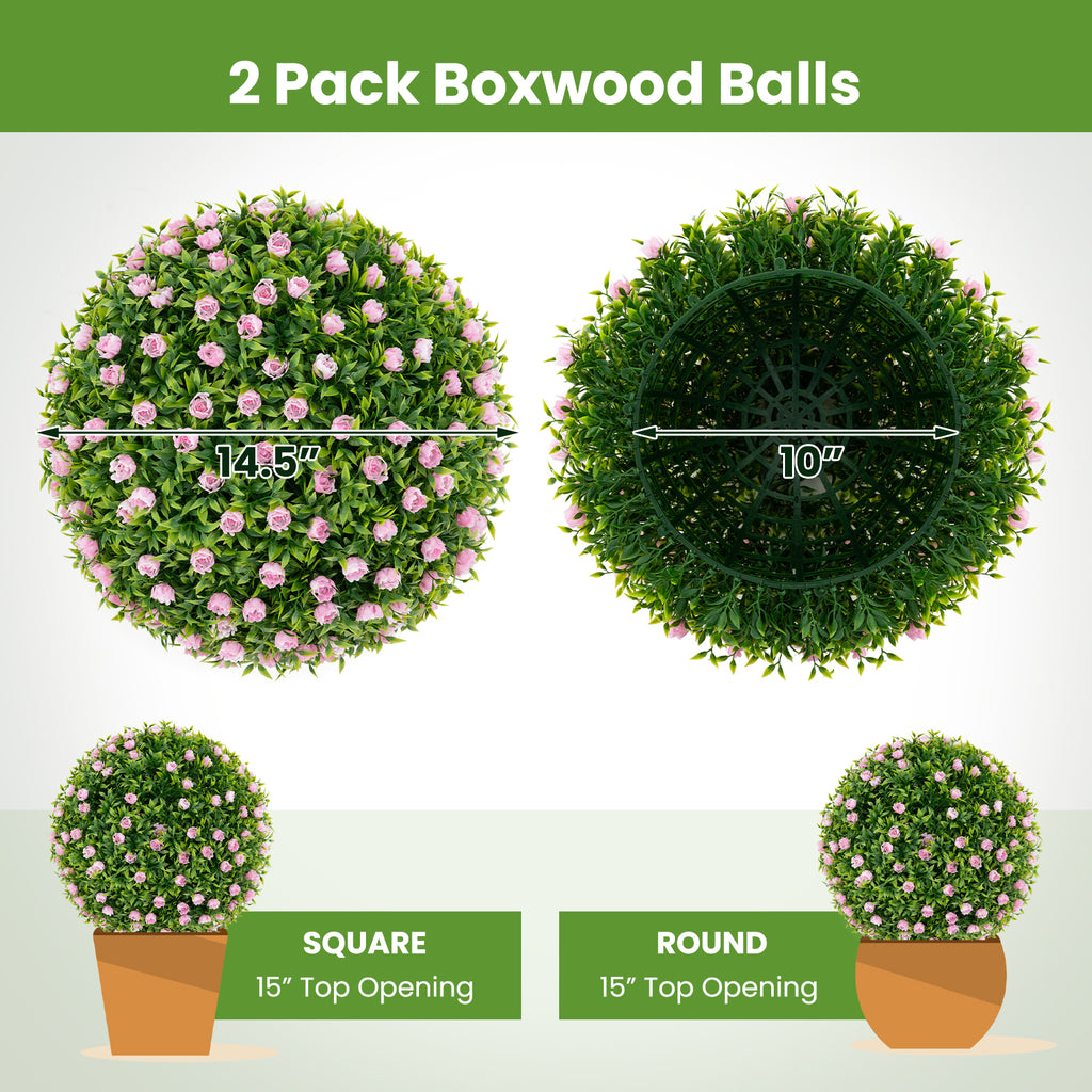 Artificial Topiary Balls with Pink Flowers - 17.5 Inch Faux Decorative Spheres, Pack of 2