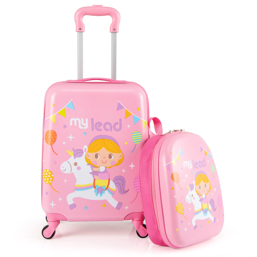 Kids Luggage Set With Spinner Wheels - Pink Travel Suitcase & Backpack - 2 Pieces