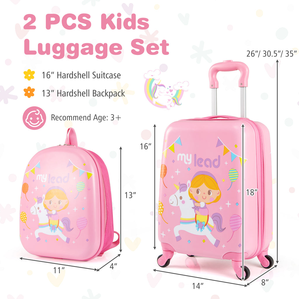 Kids Luggage Set With Spinner Wheels - Pink Travel Suitcase & Backpack - 2 Pieces