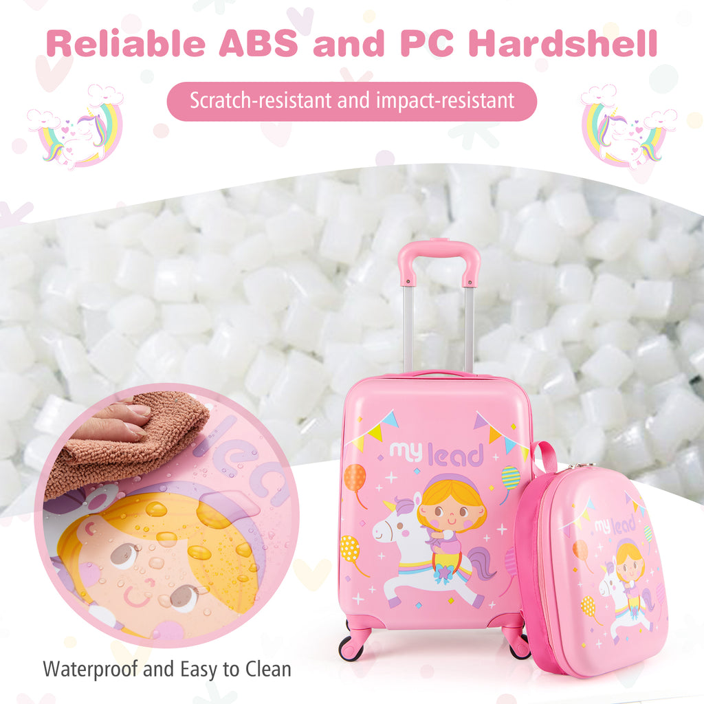 Kids Luggage Set With Spinner Wheels - Pink Travel Suitcase & Backpack - 2 Pieces