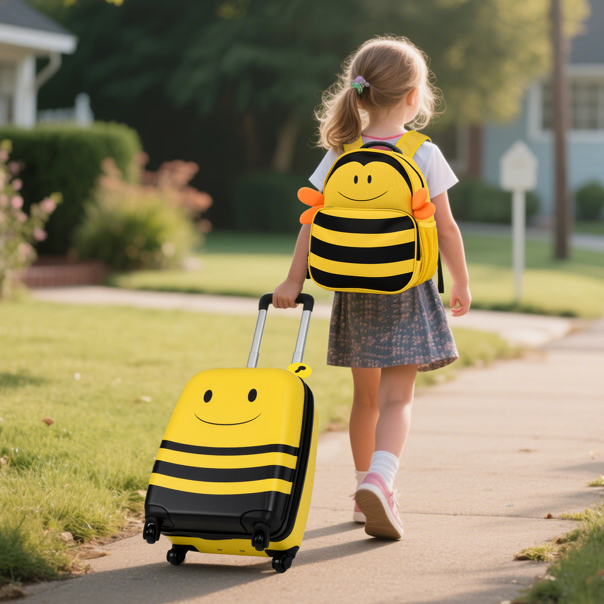 Kids Luggage Set on Wheels with Anti-Lose Rope & Retractable Handle - Yellow