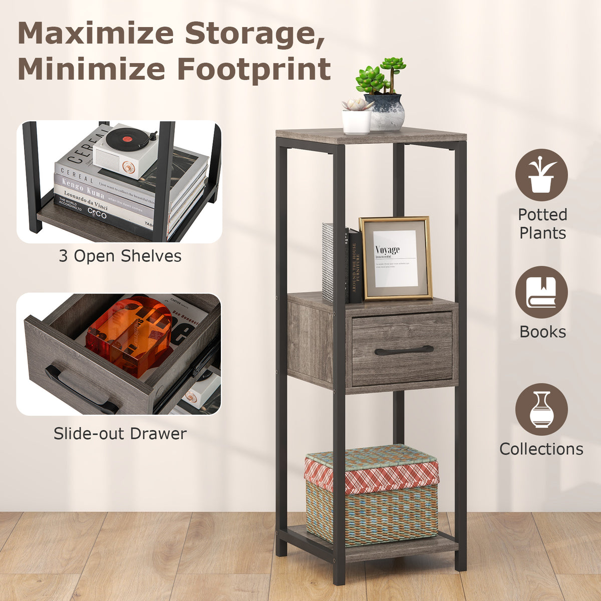 2 Pack 3 Tier Tall Metal Plant Stand with Drawer and Display Shelf