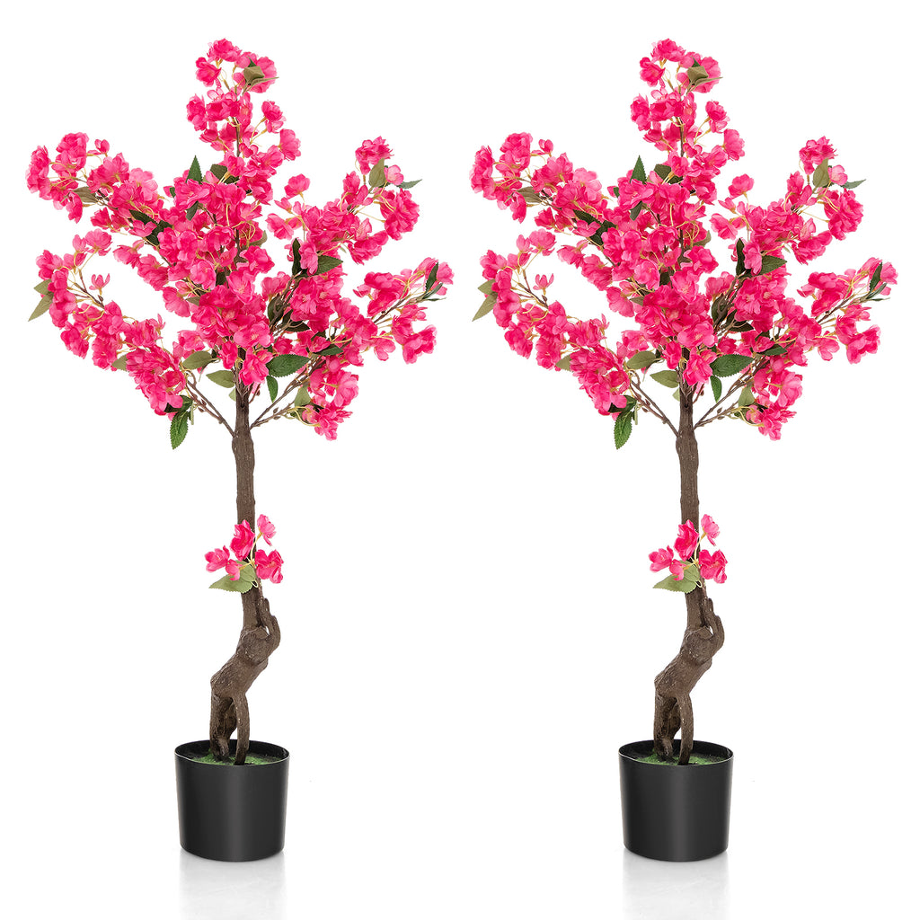 Red Artificial Plum Blossom Tree - 41 Inch Faux Floral Plant with 92 Flowers, 2 Pack