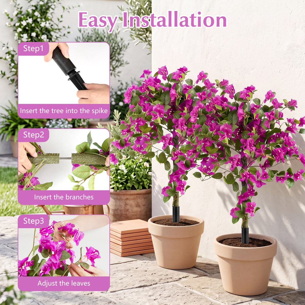 Artificial Bougainvillea Trees with Ground Spikes - 2 Pack Outdoor Decor - Variation of THIS listing