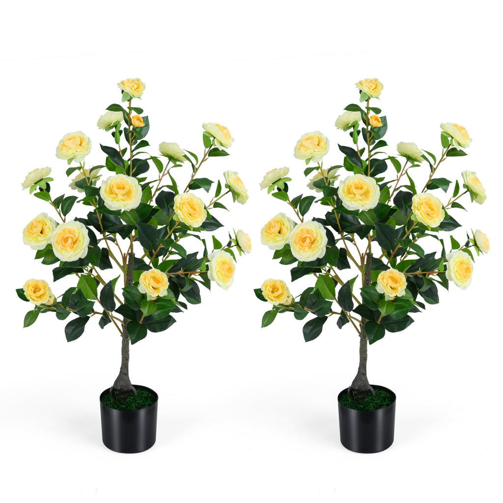 Artificial Camellia Tree 35.5 Inches - 2 Pack Faux Flower Plants in Cement Pots - Yellow Variation