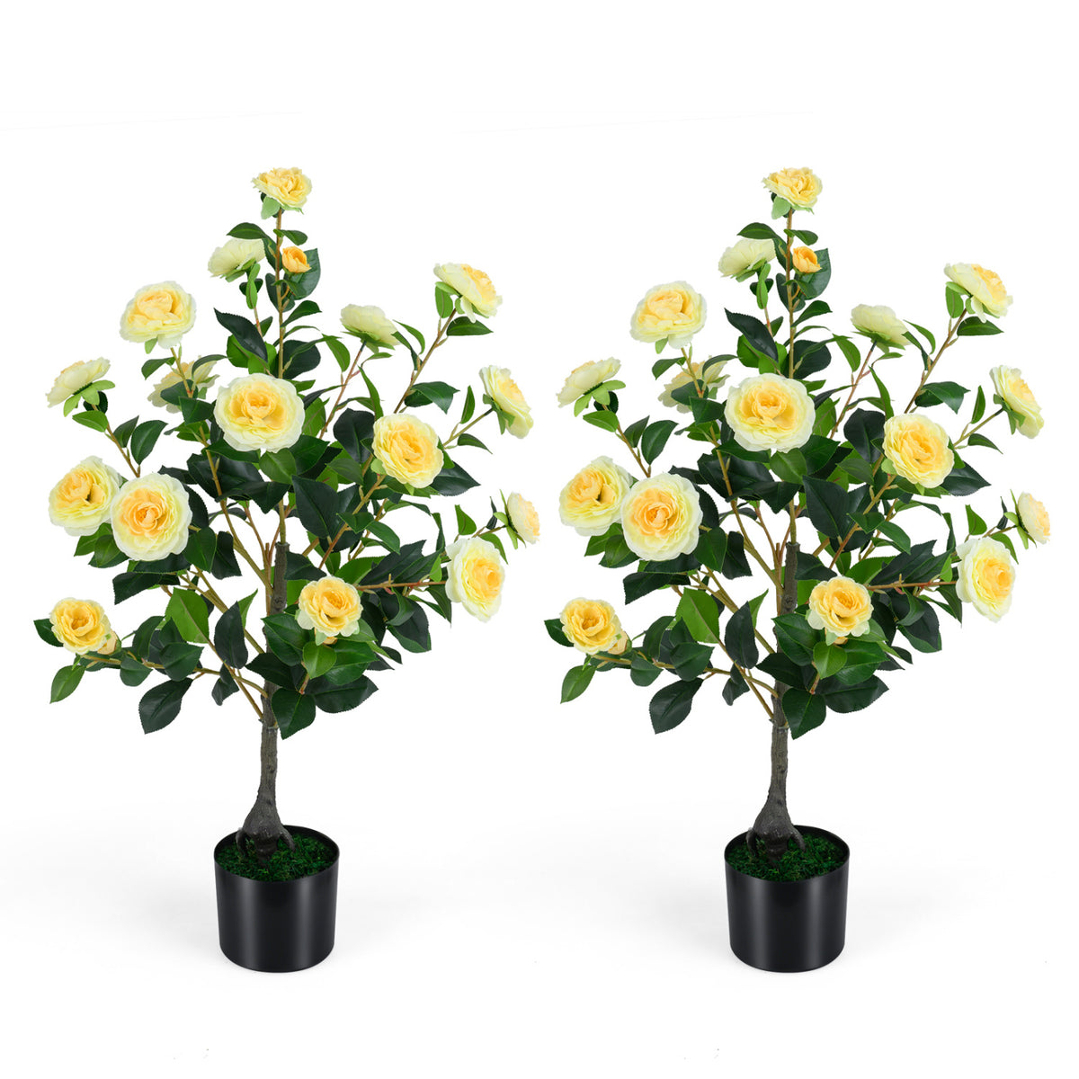 Artificial Camellia Tree 35.5 Inches - 2 Pack Faux Flower Plants in Cement Pots - Yellow Variation