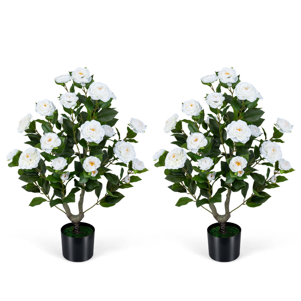 Artificial Camellia Tree 35.5 Inch Faux Flower Plant in Cement Pot - Yellow, 1 Pack