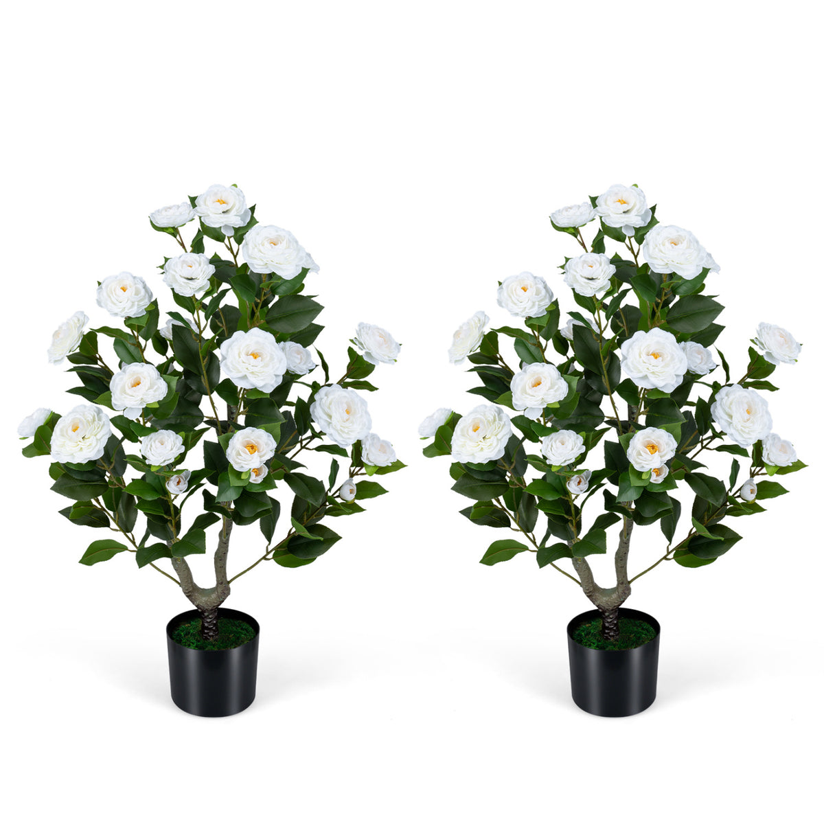 Artificial Camellia Tree 35.5 Inch Faux Flower Plant in Cement Pot - Red, 1 Pack
