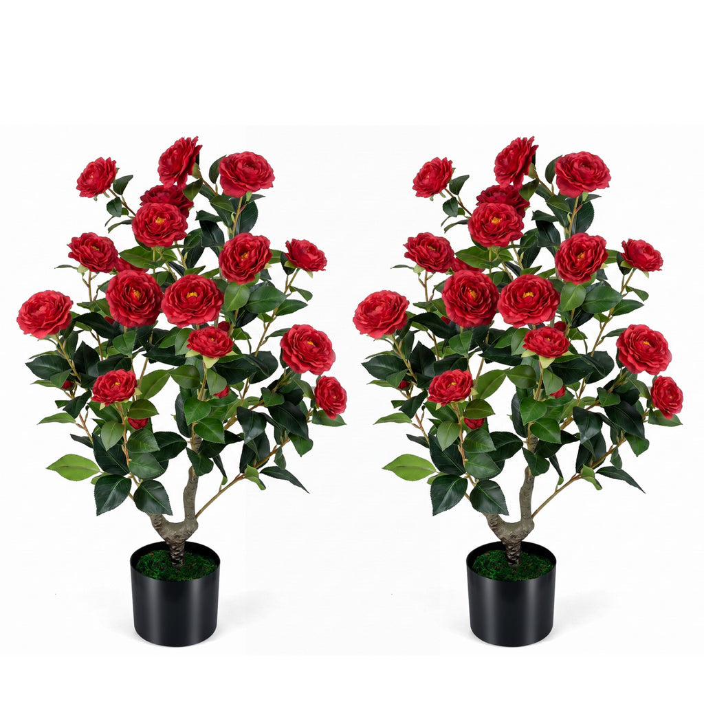 35.5-Inch Artificial Camellia Tree in Red with Cement-Filled Pot - 2 Pack