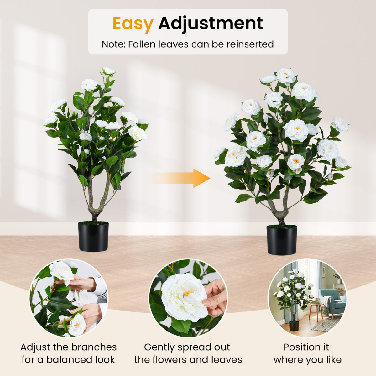 35.5-Inch Artificial Camellia Tree in Cement Pot - White, 2 Pack
