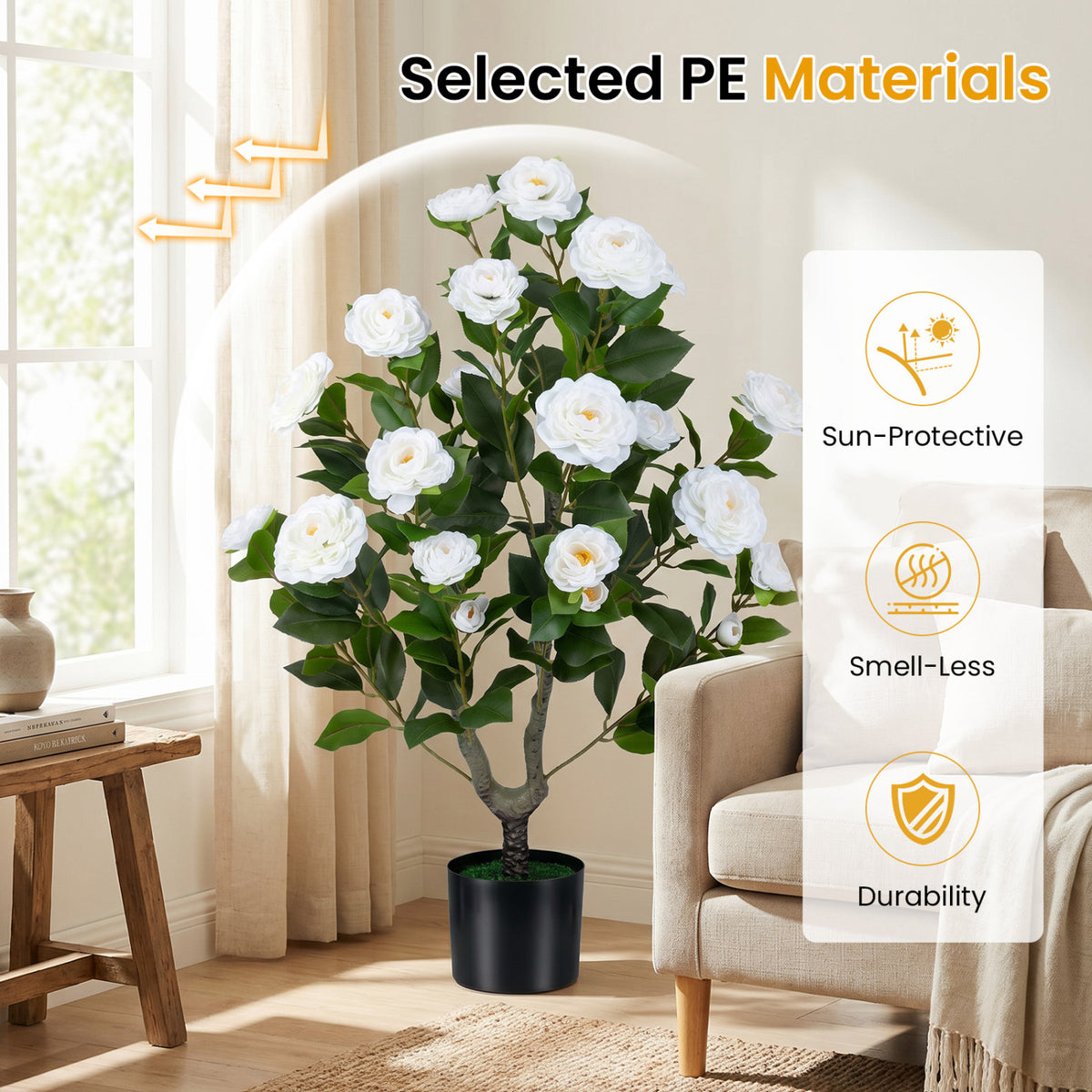 35.5-Inch Artificial Camellia Tree in Cement Pot - White, 2 Pack