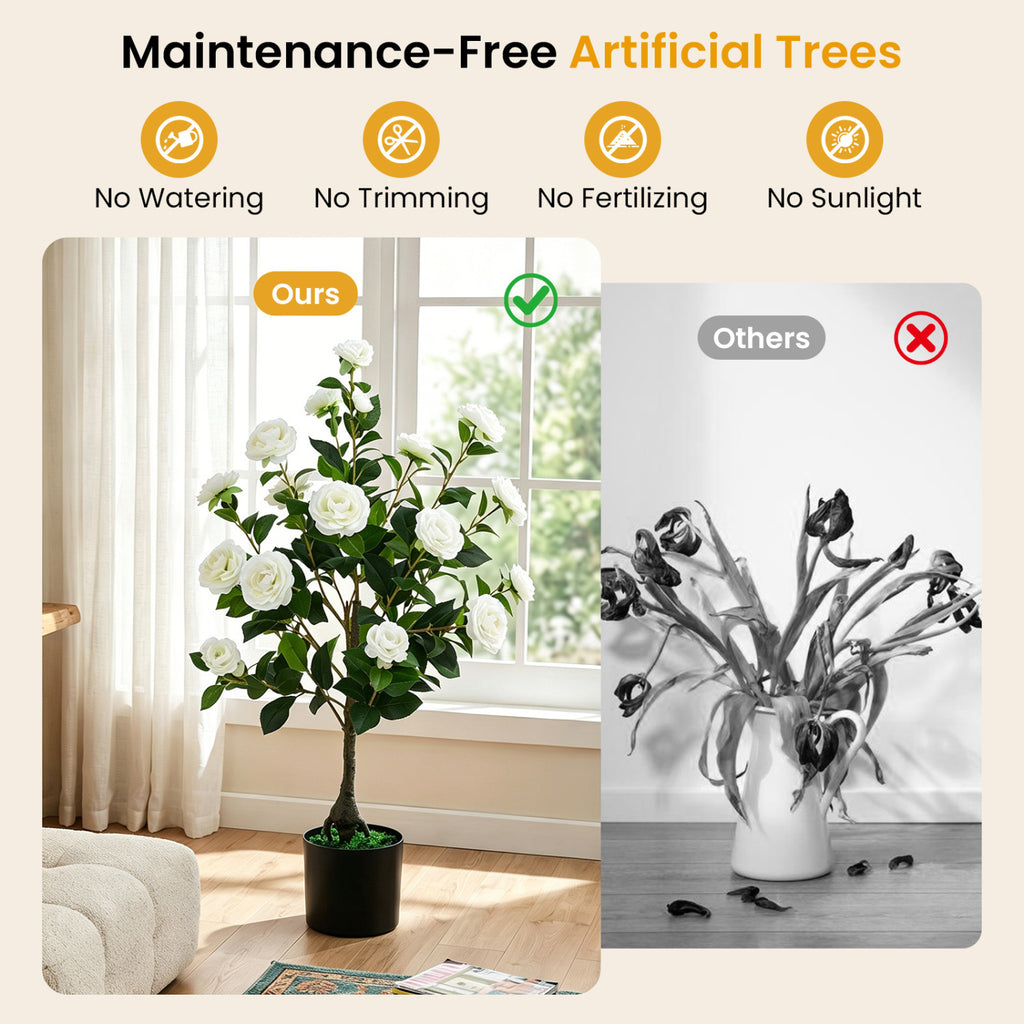 35.5-Inch Artificial Camellia Tree in Cement Pot - White, 2 Pack
