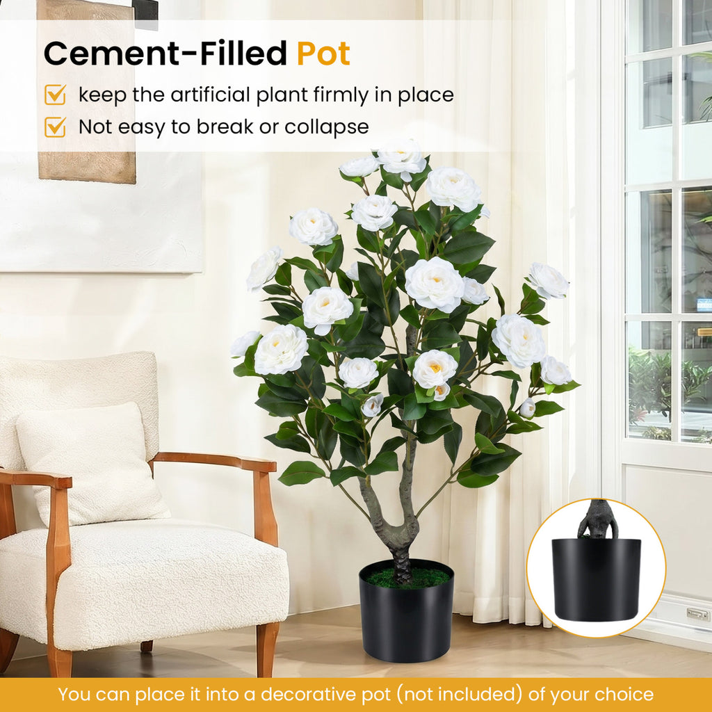 35.5-Inch Artificial Camellia Tree in Cement Pot - White, 2 Pack